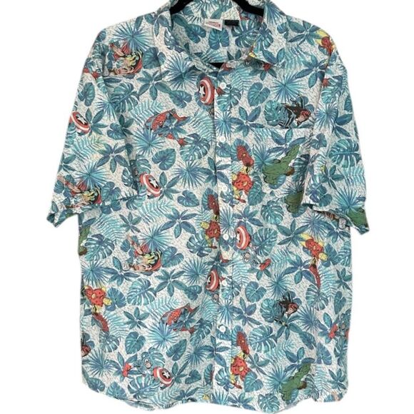 Men's Marvel Avengers Hawaiian Print Button Down Shirt Blue/Green. Size XXL - Picture 2 of 8